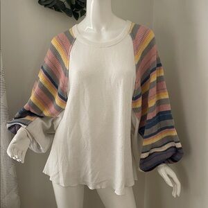 We the free colorful Striped Sleeve White Top
